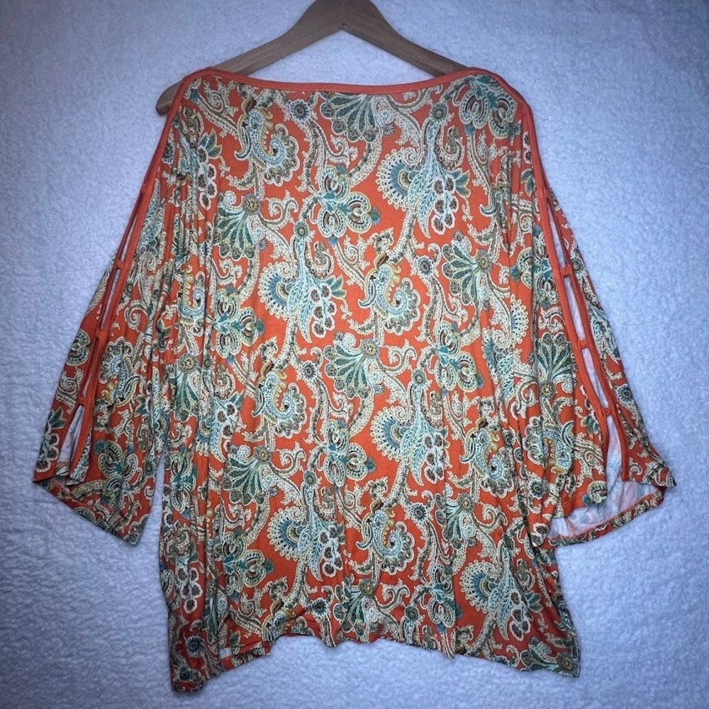Boho Paisley Blouse 2X Orange Flowy Tunic Cutout Sleeve Resort Top - Picture 11 of 11